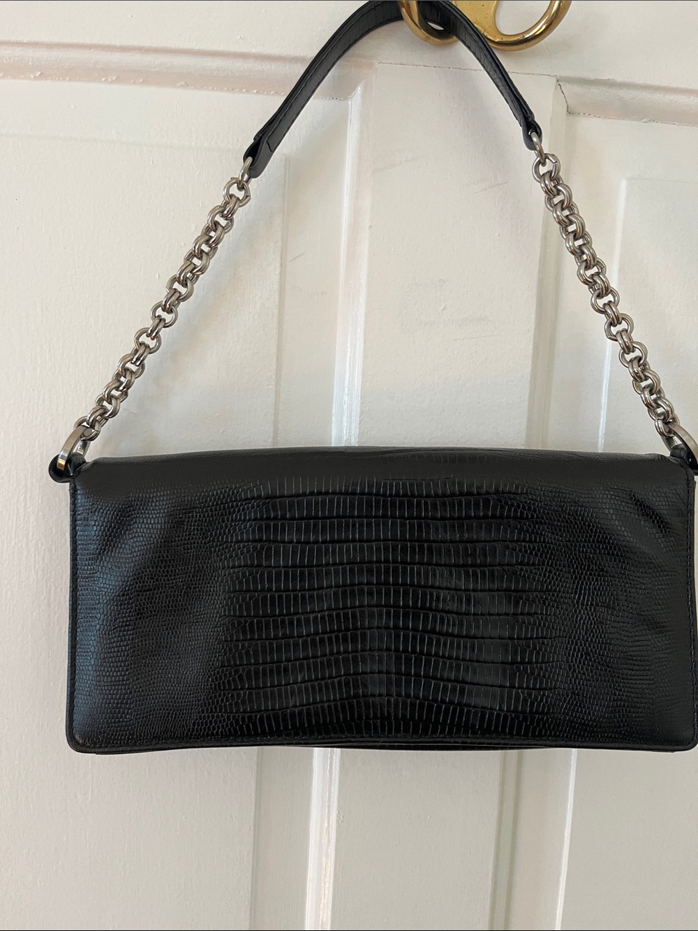 Ann Taylor Croc-Embossed leather Shoulder Bag with Chain Strap